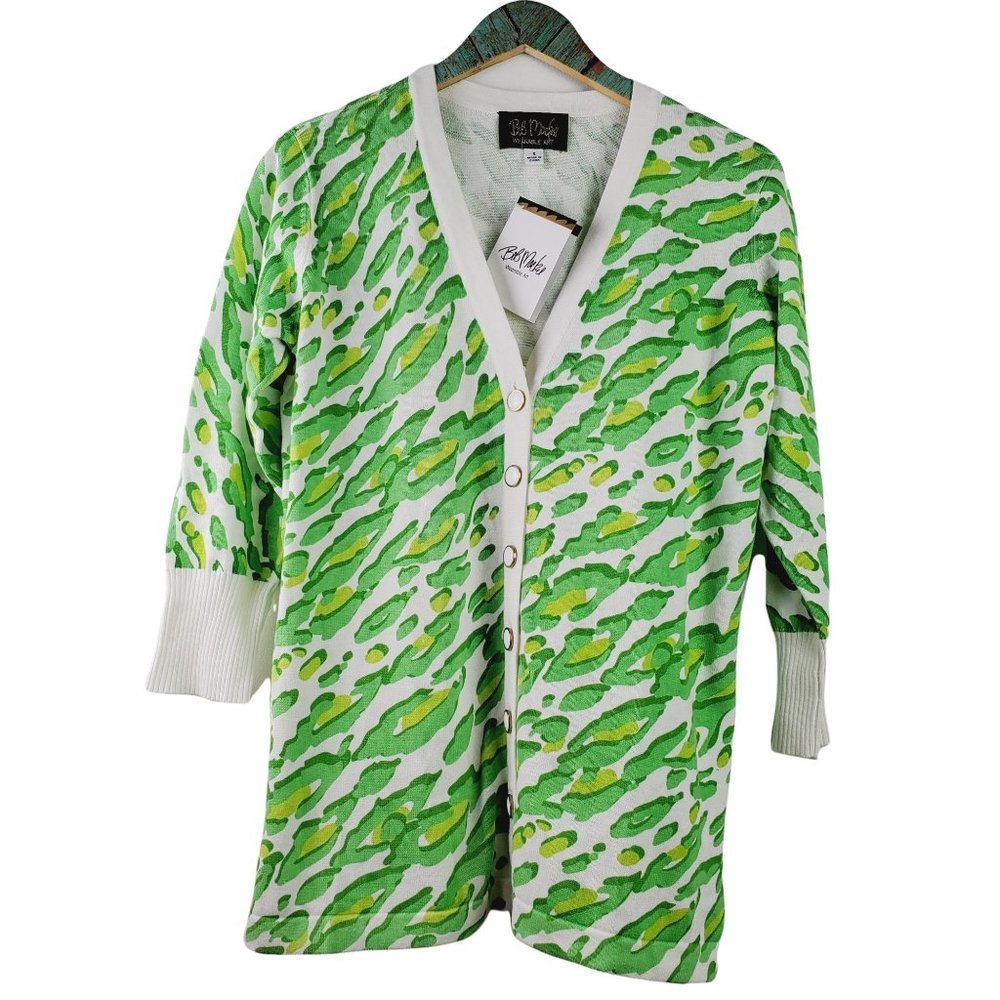 Bob Mackie Wearable Art Green Animal Leopard Print Knit Cardigan Sz Small NWT
